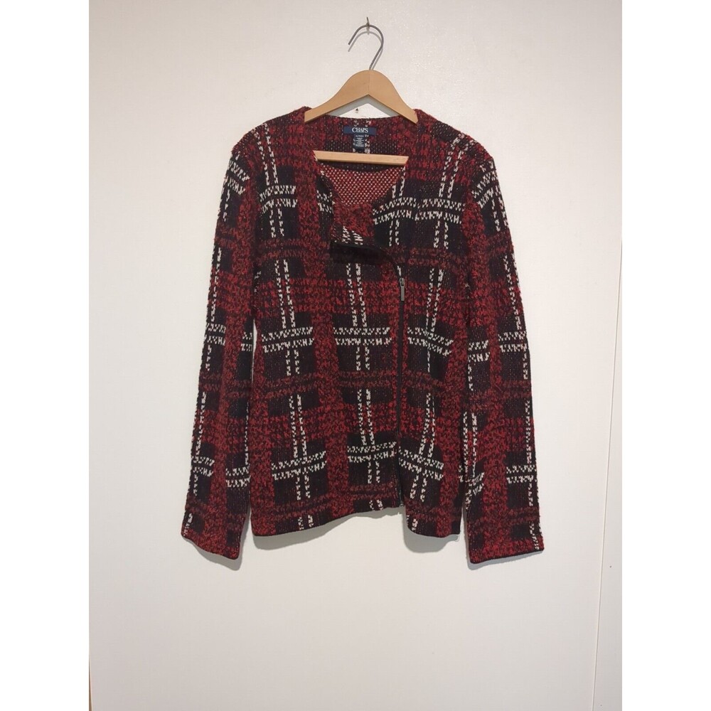 Chaps XL Red Black Plaid Cotton Blend Zip Front Cardigan Sweater Jacket RL